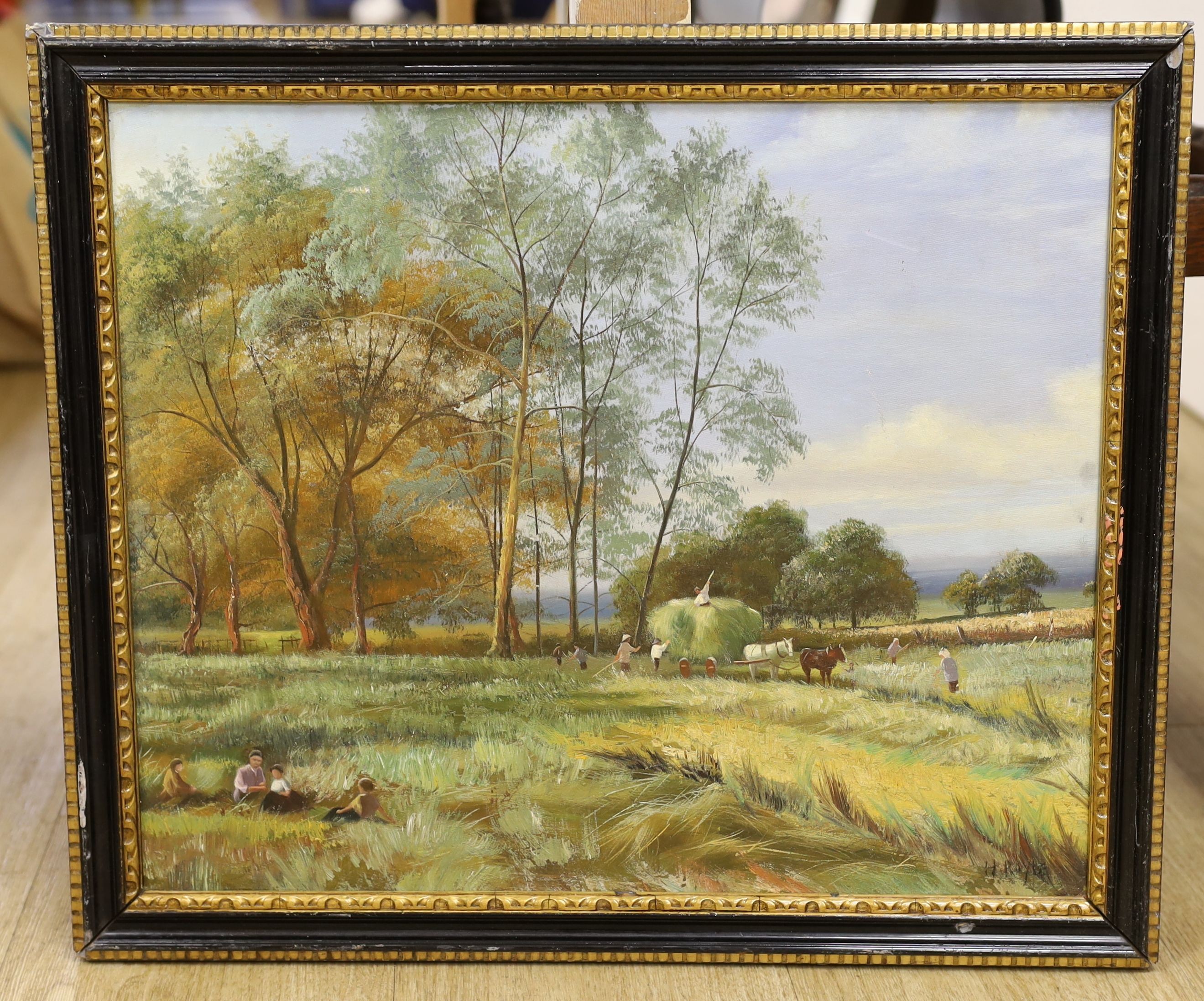 H. Royale, oil on board, Haymaking scene, signed, 36 x 43cm